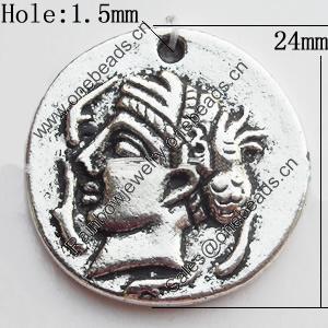 Pendant Zinc Alloy Jewelry Findings Lead-free, Flat Round 24mm Hole:1.5mm, Sold by Bag
