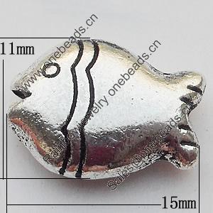 Bead Zinc Alloy Jewelry Findings Lead-free, Fish 15x11mm Hole:1.5mm, Sold by Bag