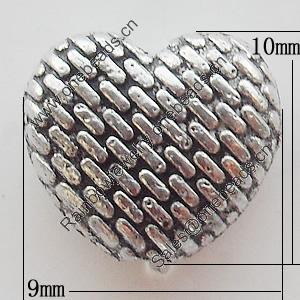 Bead Zinc Alloy Jewelry Findings Lead-free, Heart 9x10mm Hole:1.5mm, Sold by Bag