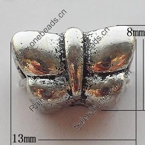 European Style Beads Zinc Alloy Jewelry Findings Lead-free, Butterfly 13x8mm Hole:4mm, Sold by Bag