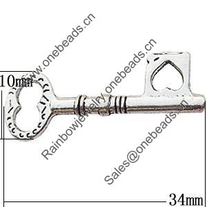 Pendant Zinc Alloy Jewelry Findings Lead-free, Key 10x34mm, Sold by Bag