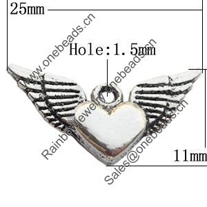 Pendant Zinc Alloy Jewelry Findings Lead-free, Wing 25x11mm Hole:1.5mm, Sold by Bag