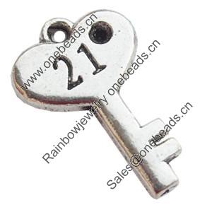 Pendant Zinc Alloy Jewelry Findings Lead-free, Key 14x23mm Hole:1.5mm, Sold by Bag