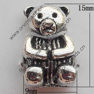 European Style Beads Zinc Alloy Jewelry Findings Lead-free, Bear 9x15mm Hole:4.5mm, Sold by Bag