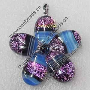 Dichroic Lampwork Glass Pendant with Metal Alloy Head, Flower 40mm, Sold by PC