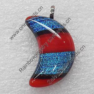 Dichroic Lampwork Glass Pendant with Metal Alloy Head, Moon 20x30mm, Sold by PC