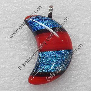 Dichroic Lampwork Glass Pendant with Metal Alloy Head, Moon 22x32mm, Sold by PC