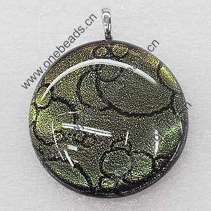 Dichroic Lampwork Glass Pendant with Metal Alloy Head, Flat Round 35mm, Sold by PC