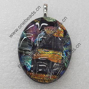 Dichroic Lampwork Glass Pendant with Metal Alloy Head, Flat Oval 22x33mm, Sold by PC