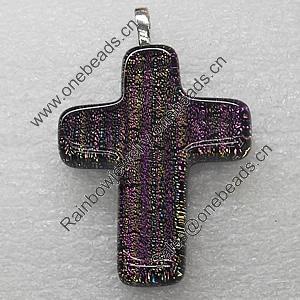 Dichroic Lampwork Glass Pendant with Metal Alloy Head, Cross 20x30mm, Sold by PC