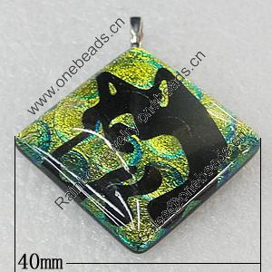 Dichroic Lampwork Glass Pendant with Metal Alloy Head, Diamond 45mm, Sold by PC