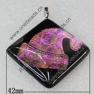 Dichroic Lampwork Glass Pendant with Metal Alloy Head, Diamond 41mm, Sold by PC