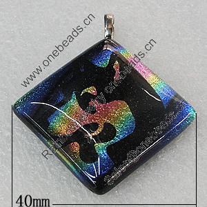 Dichroic Lampwork Glass Pendant with Metal Alloy Head, Diamond 41mm, Sold by PC