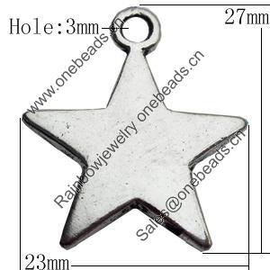 Pendant Zinc Alloy Jewelry Findings Lead-free, Star, 23x27mm Hole:3mm, Sold by Bag