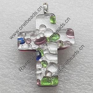 Silver Foil lampwork Pendant With Metal Alloy Head, Cross 30x40mm, Sold by PC