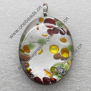 Silver Foil lampwork Pendant With Metal Alloy Head, Flat Oval 30x40mm, Sold by PC