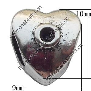 European Style Beads Zinc Alloy Jewelry Findings Lead-free, Heart 9x10mm Hole:6mm, Sold by Bag
