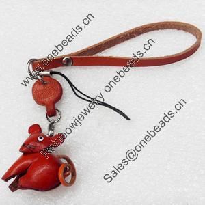 Cotton Cord Mobile Chain with Cowhide Pendants, Mouse, Length:6-Inch, Sold by Strand