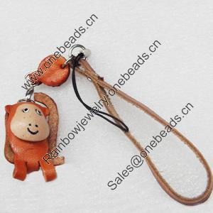 Cotton Cord Mobile Chain with Cowhide Pendants, Monkey, Length:6-Inch, Sold by Strand