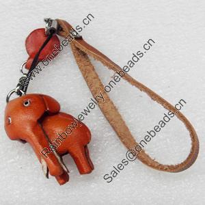Cotton Cord Mobile Chain with Cowhide Pendants, Elephant, Length:6-Inch, Sold by Strand