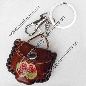 Iron Key Chains with Cowhide Pendants, Bag, Length:3.9-inch, Sold by PC