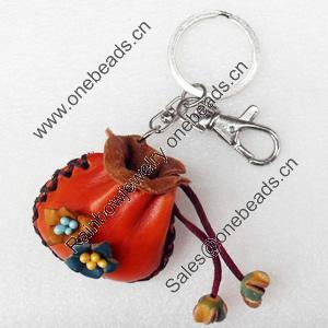 Iron Key Chains with Cowhide Pendants, Bag, Length:3.9-inch, Sold by PC