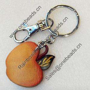 Iron Key Chains with Cowhide Pendants, Apple, Width:38mm, Length:3.4-inch, Sold by PC