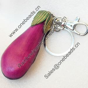 Iron Key Chains with Cowhide Pendants, Eggplant, Width:52mm, Length:4.1-inch, Sold by PC