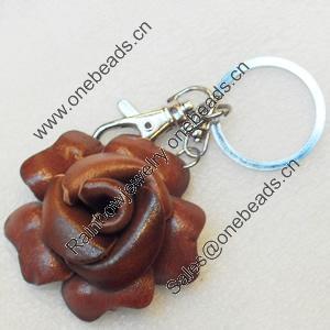 Iron Key Chains with Cowhide Pendants, Flower, Width:40mm, Length:3.9-inch, Sold by PC