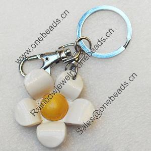 Iron Key Chains with Cowhide Pendants, Flower, Width:45mm, Length:3.9-inch, Sold by PC