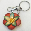 Iron Key Chains with Cowhide Pendants, Flower, Width:57mm, Length:4.1-inch, Sold by PC