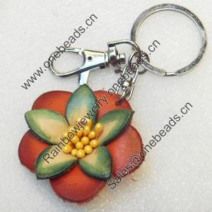 Iron Key Chains with Cowhide Pendants, Flower, Width:57mm, Length:4.1-inch, Sold by PC
