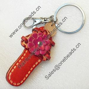 Iron Key Chains with Cowhide Pendants, Slipper, Width:33mm, Length:4.7-inch, Sold by PC