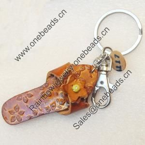 Iron Key Chains with Cowhide Pendants, Slipper, Width:29mm, Length:4.5-inch, Sold by PC