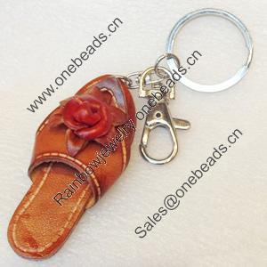 Iron Key Chains with Cowhide Pendants, Slipper, Width:29mm, Length:4.5-inch, Sold by PC