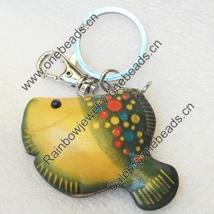 Iron Key Chains with Cowhide Pendants, Fish, Width:65mm, Length:4.5-inch, Sold by PC