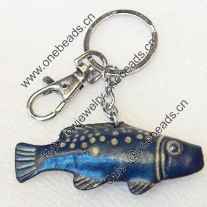 Iron Key Chains with Cowhide Pendants, Fish, Width:67mm, Length:3.14-inch, Sold by PC