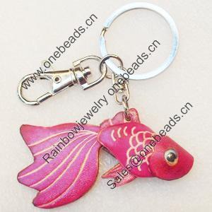 Iron Key Chains with Cowhide Pendants, Fish, Width:67mm, Length:3.14-inch, Sold by PC
