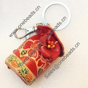 Iron Key Chains with Cowhide Pendants, Bag, Width:33mm, Length:4.5-inch, Sold by PC