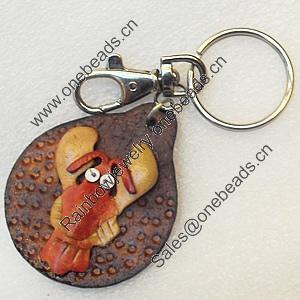 Iron Key Chains with Cowhide Pendants, Width:50mm, Length:3.9-inch, Sold by PC