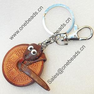Iron Key Chains with Cowhide Pendants, Width:43mm, Length:3.9-inch, Sold by PC