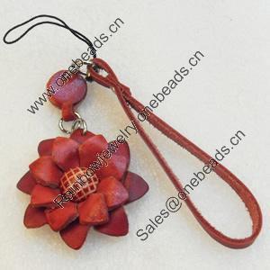 Cotton Cord Mobile Chain with Cowhide Pendants, Flower, Length:6-Inch, Sold by Strand