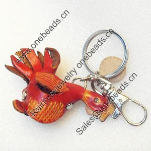 Iron Key Chains with Cowhide Pendants, Chicken, Width:70mm, Length:3.2-inch, Sold by PC