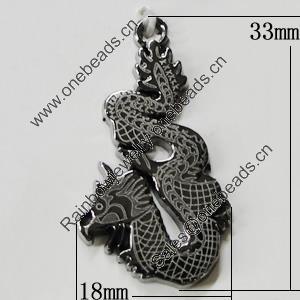 Pendant Zinc Alloy Jewelry Findings, Nobelium Plated, Dragon 18x33mm, Sold by PC