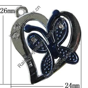 Pendant Zinc Alloy Jewelry Findings, Nobelium Plated, Heart 24x26mm, Sold by PC