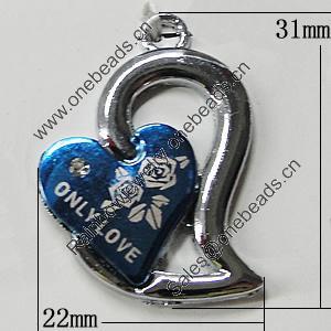 Pendant Zinc Alloy Jewelry Findings, Nobelium Plated, Heart 22x31mm, Sold by PC