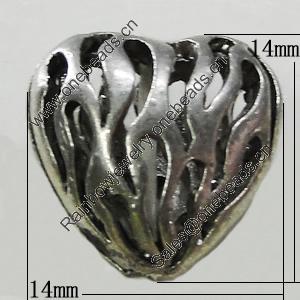 Hollow Bali Beads Zinc Alloy Jewelry Findings, Lead-free, Heart 14mm, Sold by Bag 