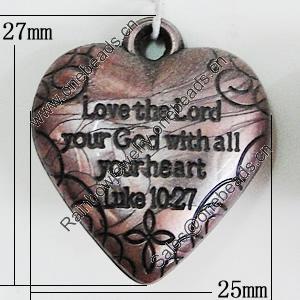 Red Bronze Acrylic Pendant, Heart 25x27mm, Sold by Bag 