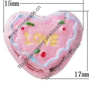 Resin Cabochons, No-Hole Jewelry findings, Heart 15x17mm, Sold by Bag 
