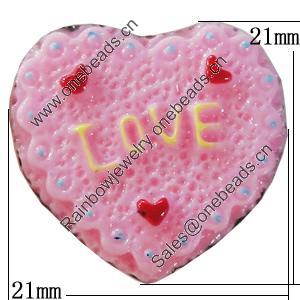 Resin Cabochons, No-Hole Jewelry findings, Heart 21x21mm, Sold by Bag 